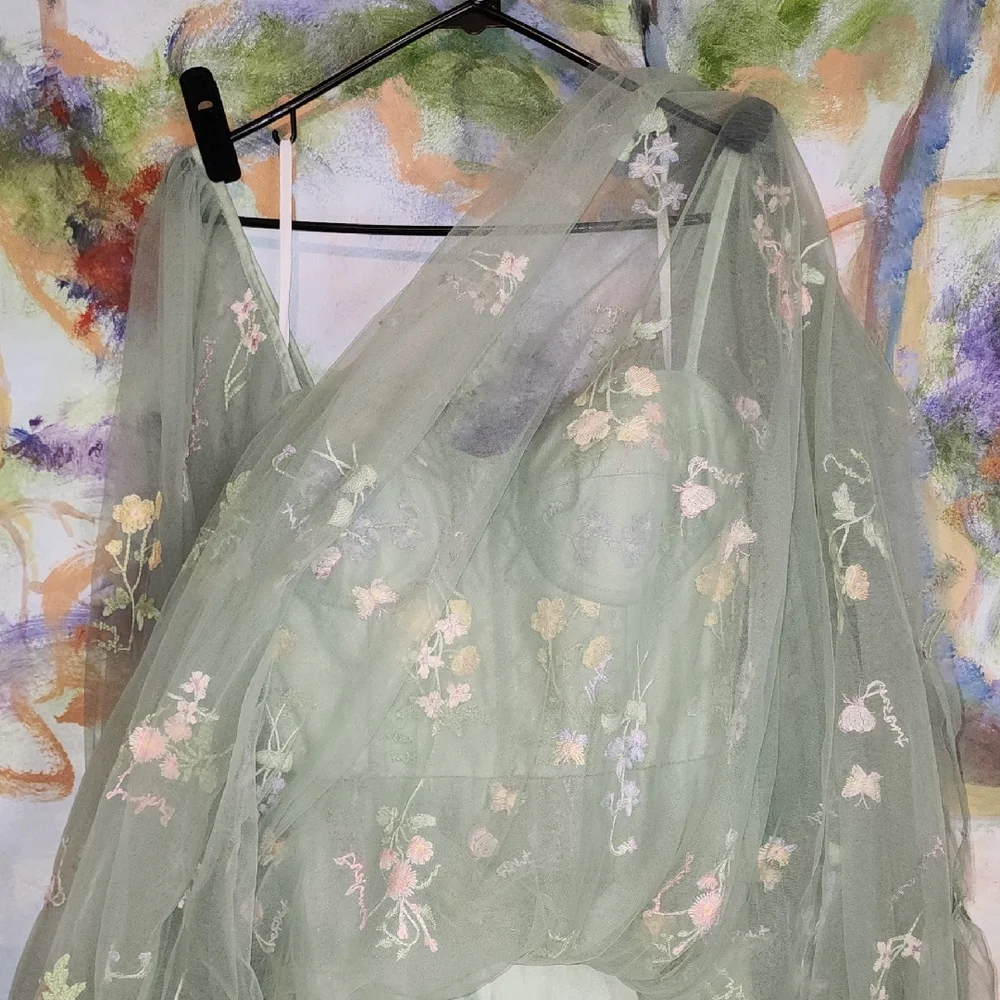 Elegant Floral Fairy Princess Corset Lng Sleeve Maxi Dress in Green Pink Floral - Picture 8 of 14